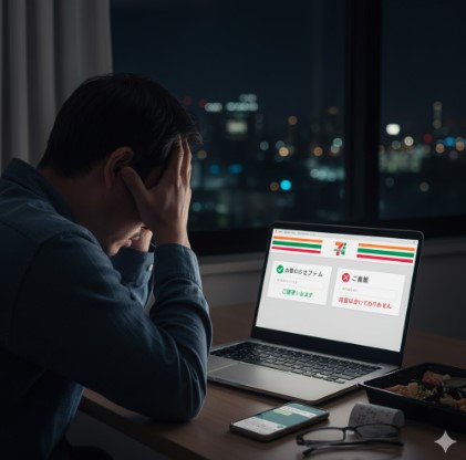 夜景を背景に、頭を抱える日本人男性が机に向かっている。ノートパソコンにはセブンイレブンの「お問い合わせフォーム（ご返事いたします）」と「ご意見箱（回答は行なっておりません）」の二つの選択肢が表示されており、男性が誤ったフォームに送信してしまったことによる困惑が表現されている。