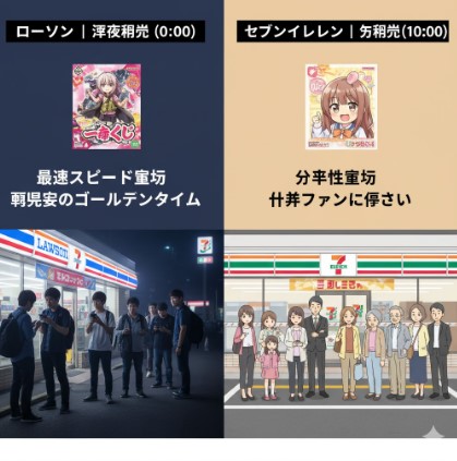 ローソンとセブンイレブンの販売戦略の違いを示す対比画像。ローソンは深夜販売で若年層のファンが集中し、セブンイレブンは午前10時販売で多様な年齢層の一般客が並んでいる。