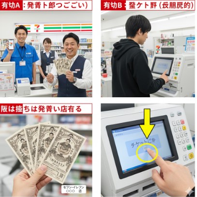 セブンイレブンのマルチコピー機で、お客様がPコードを使って相撲チケットを直接購入している様子。