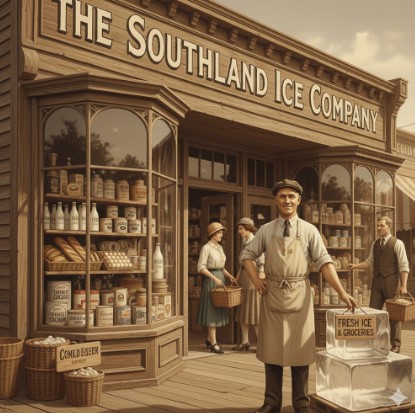 1927年テキサス州ダラスの「サウスランド・アイス・カンパニー」の店先で氷と食料品を売る人々