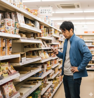 コンビニの棚から備蓄米が売り切れており、商品が見つからず困っている日本人買い物客の様子。
