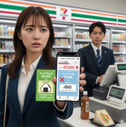 セブンイレブンのカウンターで、会計時にスマートフォンアプリの画面を見ながら困惑する日本人女性。ランクアップチャレンジの条件が厳しくなったことへの不満を表す。