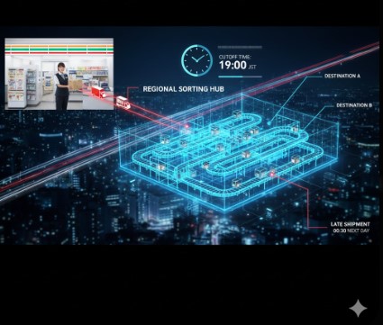 セブンイレブンから集荷された荷物が、流通センターで仕分け作業の締め切りに向けて搬送・処理されるフロー図。