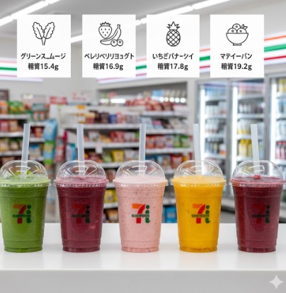セブンイレブンの店内で、グリーンスムージー、ベリーベリーヨーグルト、いちごバナナソイ、マンゴーパイン、アサイーバナナの5種類のスムージーが並べられている。各スムージーの上には、種類と糖質を示すアイコンと文字が配置されている。