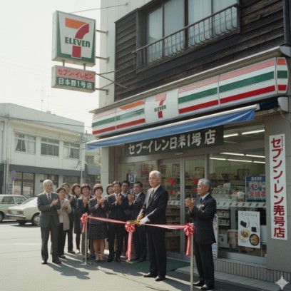 1974年にオープンした日本のセブンイレブン1号店「豊洲店」の開店記念式典で、関係者たちがリボンカットを行っている歴史的な写真。