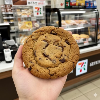 日本人の手のひらに乗せられた、直径10cmはあろうかという巨大なチョコチップクッキー。その圧倒的なサイズ感を示している。