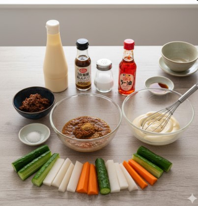 木製のテーブルに並べられたセブンイレブン風味噌マヨネーズの再現レシピ材料：マヨネーズ、味噌、めんつゆ、ラー油、砂糖、酢、泡だて器、ボウルと野菜スティック