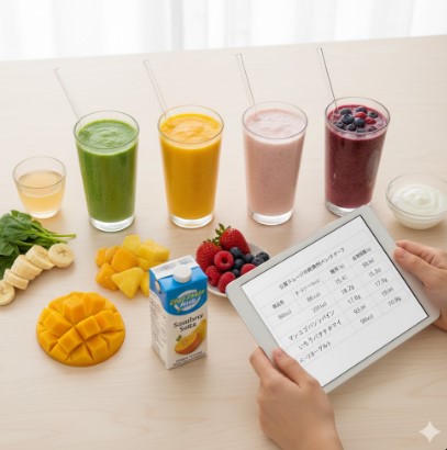 キッチンカウンターでブレンダーを使ってグリーンスムージーを作っている様子。ブレンダーの中では熱い蒸気と共に緑色のスムージーが撹拌されており、周りにはほうれん草、バナナ、豆乳などの材料が置かれている。