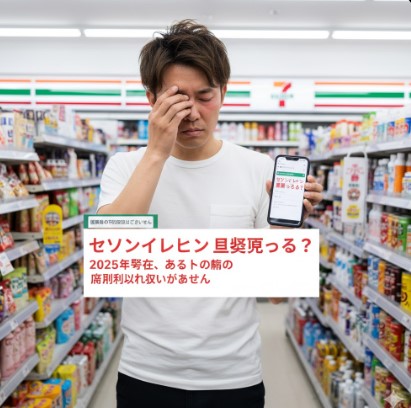 充血した目をこすりながらスマホで「セブンイレブン 目薬」と検索する若い男性。結果画面には「2025年現在、医薬品の取り扱いがありません」と表示され、落胆している様子。