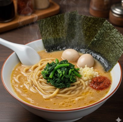 ほうれん草、海苔、うずらの卵、追加の鶏油とニンニクでトッピングされた、食欲をそそる家系ラーメンのクローズアップ。