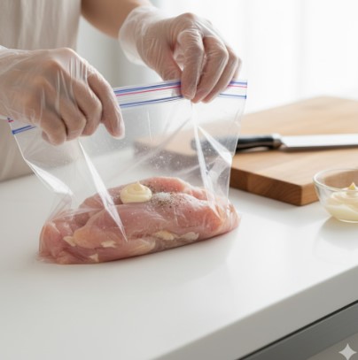 キッチンの白いカウンタートップで、手袋をはめた手が鶏ささみ肉、マヨネーズ、塩胡椒をジップロックの袋に入れ、下準備をしている。