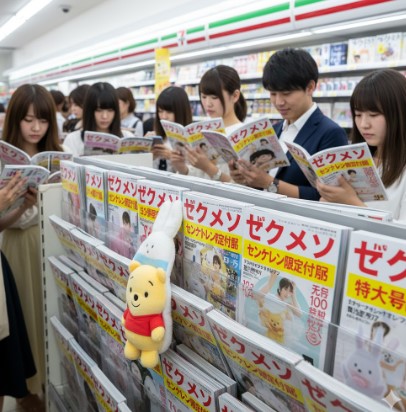セブンイレブンの雑誌コーナーで、主にゼクシィの特大号や限定付録付き雑誌に注目する日本の若者たち。くまのプーさんのぬいぐるみが付録としてディスプレイされており、他の雑誌にも限定付録の表示が見える。