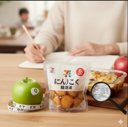 にんにく醤油漬けのパックの隣に、新鮮な青リンゴとメジャーが置かれ、低カロリーで脂質ゼロの健康的なイメージを表現している。