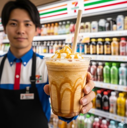 セブンイレブンの制服を着た日本人男性店員が、完成したキャラメルマキアートフラッペを読者に差し出している。ホイップクリームとキャラメルソースがたっぷりかかったフラッペは、背景の店舗の棚に並んだ商品と対照的に鮮やかに写っている。