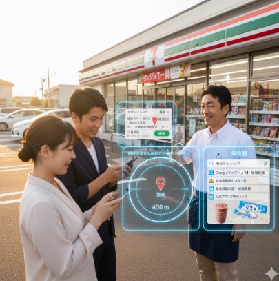 コンビニ店長と客が会話しながら、スマートフォン画面に表示されたGoogleマップで「セブンイレブン 経路 徒歩5分」という情報を見ている様子。店長は親指を立てて推奨している。