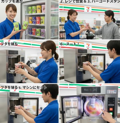 セブンイレブンの店員が、スムージーの買い方と専用マシンの使い方をステップバイステップで示すコラージュ画像。冷凍ケースからカップを選び、レジで会計し、バーコードを読み込ませ、フタを剥がしてマシンにセットし、撹拌する様子が描かれている。