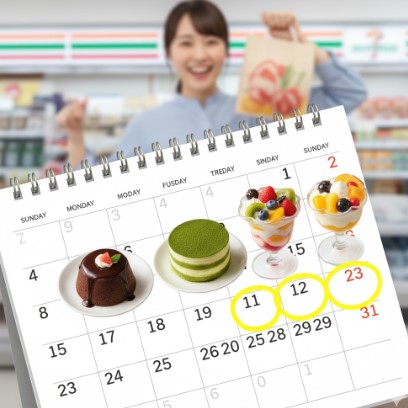 カレンダーの月末の週末（金・土・日）が強調され、プレミアムスイーツのアイコンが重ねられているイラスト。限定スイーツの発売日が月末の週末である可能性が高いことを示している。
