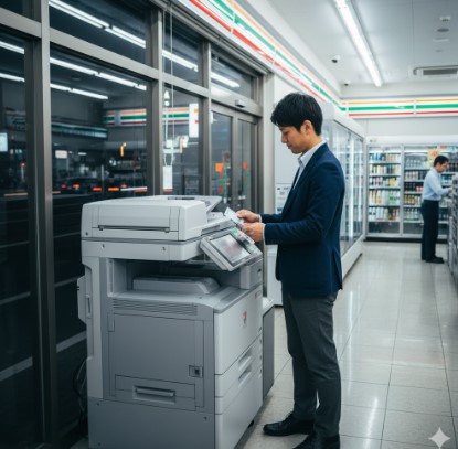 夜間営業中のセブンイレブン店内で、日本人がマルチコピー機を利用して住民票を取得している様子。
