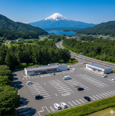 日本のコンビニエンスストアの前にある広々とした駐車場。数台の日本車が停まっているが、まだ余裕がある様子。