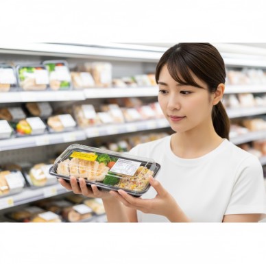 鶏肉や野菜を中心としたヘルシーな低脂質弁当を手に取り、パッケージの栄養成分表示をチェックする健康意識の高い日本人女性。健康志向の商品を訴求。