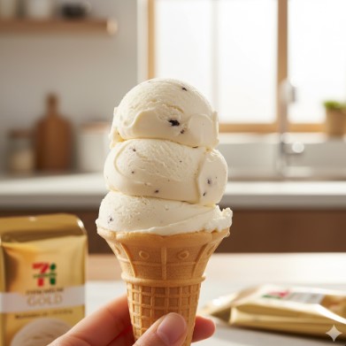 金のワッフルコーンアイスを手に持っている様子。後ろには金のシリーズのパッケージが置かれている。