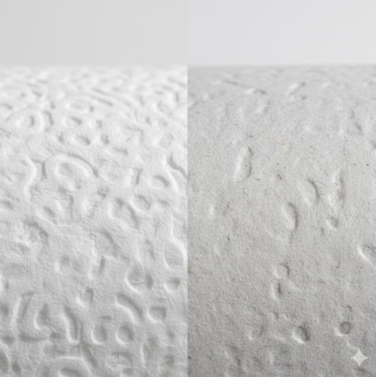 2種類のトイレットペーパーの質感の接写。左側はエンボス加工が深くふんわりと柔らかそうな上質な紙、右側は比較的平らで標準的な質感の紙。