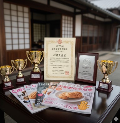 「ぴーなっつ最中」が受賞した多数のトロフィー、賞状、雑誌の表紙が和風の家屋を背景にテーブルに飾られている様子。