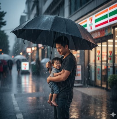 セブンイレブンの「7PL 風に強いワンタッチ長傘」を使い、広い傘の下で子供を抱きかかえるアジア人男性。大雨の中、傘が広範囲を覆っている。