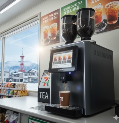 セブンイレブンの店内に設置された紅茶マシンで紅茶が抽出されている様子。窓の外には雪景色と函館タワーが見える。
