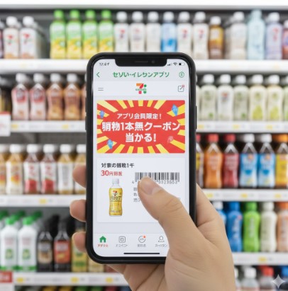 - スマートフォンに表示されたセブンイレブンアプリのクーポン画面と飲料