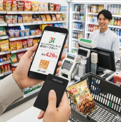 コンビニのレジカウンターで、客がスマートフォンに表示されたセブンイレブンアプリの「金のビーフカレー 税込429円」画面と、電子マネーカードを提示している。奥には笑顔の男性店員と商品棚が見える。