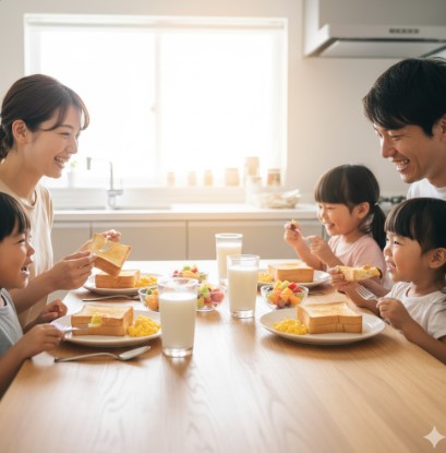 安全基準を満たしたパンを朝食に笑顔で食べる日本人家族の食卓風景
