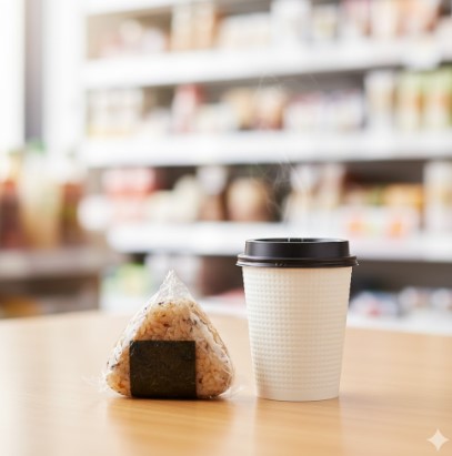 セブンイレブンの朝食の定番であるおにぎり1個とセブンカフェのホットコーヒー（Rサイズ）の組み合わせ。