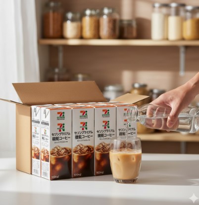 自宅のキッチンで、セブンプレミアムの濃縮コーヒーパックが箱買いされた状態で置かれ、グラスに濃縮コーヒーと水を注いでいる手元の様子。