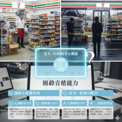 刑事責任能力が争点となる法廷での議論をイメージ。コンビニの背景に、責任能力の有無を示すフローチャートが重ねて表示されている。