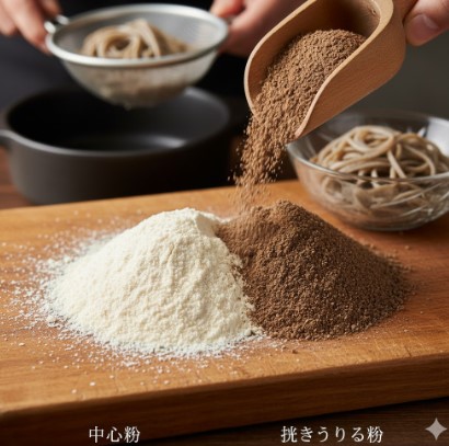 木の板の上に、白いそば粉と黒っぽい挽きぐるみそば粉の2種類のそば粉が山のように盛られている。奥では人がそばを茹でている様子が一部見切れている。