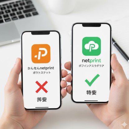 セブンイレブンの小冊子印刷に推奨される緑色の「netprint」アプリと、非推奨の「かんたんnetprint」アプリのアイコンを比較したイメージ。
