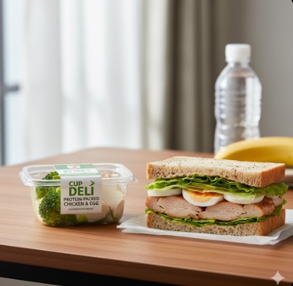 木目のテーブルの上に、セブンイレブンの「たんぱく質が摂れるチキン＆たまごサンド」と「カップデリ（鶏むね肉とブロッコリー）」が置かれている。奥にはミネラルウォーターとバナナが見える。