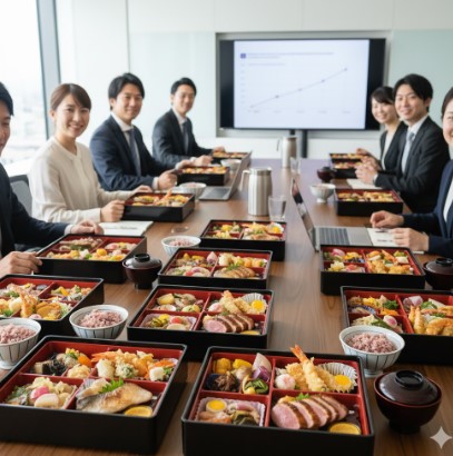 会議室で和やかな雰囲気の中、日本のビジネスパーソンたちがセブンイレブンの幕の内弁当を広げて昼食をとっている。