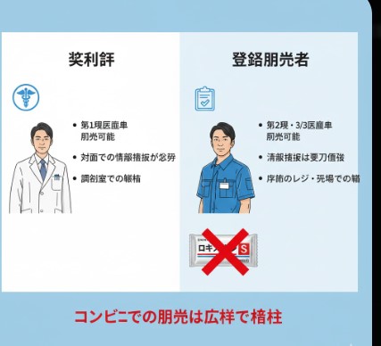 薬剤師（第1類販売可）と登録販売者（第2類・第3類販売可）の資格と役割を対比させた法的ルールの説明画像。