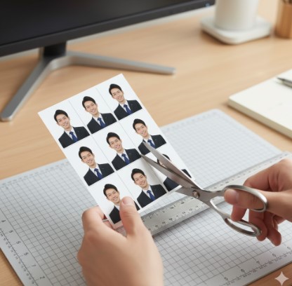 L判の光沢紙に複数枚印刷された証明写真をハサミと定規で丁寧にカットする様子