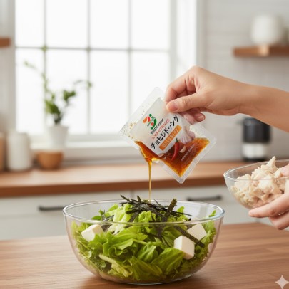 キッチンの窓を背景に、チョレギドレッシングの小袋からレタス、豆腐、海苔のサラダにドレッシングをかけている手が映っている。横には鶏むね肉のボウルも見える。