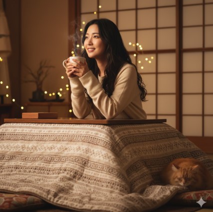 「まるでこたつソックス」を履いて、こたつに入りながらリラックスしている日本人の女性。足元は暖かそうで、快適な冬の室内風景。