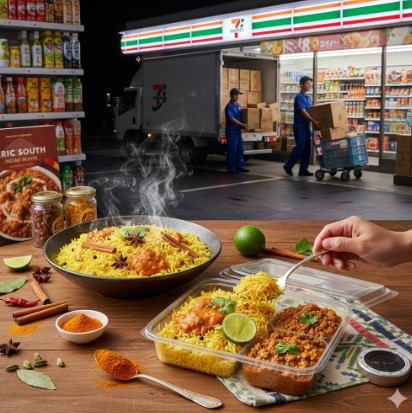 エリックサウス監修セブンイレブンビリヤニ2025年モデルの2種あいがけカレーと長粒米のイメージ