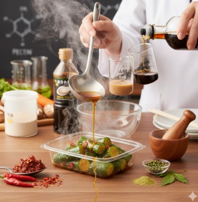 白衣を着た人物が、実験器具を使って調味料を「ピリ辛きゅうり」に注いでいる様子。背景には化学式が描かれた黒板と野菜が並ぶ。