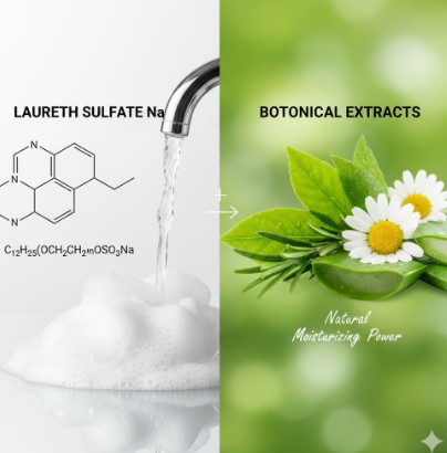 ラウレス硫酸Naの化学式と豊かな泡、ボタニカルエキスを象徴するアロエとカモミールの画像。