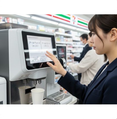 セブンイレブンの店内に設置された紅茶専用マシンのクローズアップ。タッチパネルにはメニューが表示され、日本人の女性客がカップをセットして操作している。