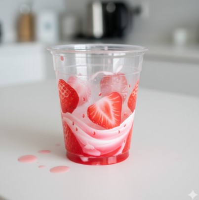 飲み終わって空になったデザートカップの側面と底。カップの内側に、果肉や中身を豊富に見せるための赤い塗装やデザインが施されている様子をクローズアップ。