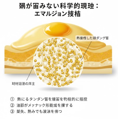 熱で固まらない卵の秘密である「乳化」を模式的に表現したイメージ図。油滴がタンパク質の凝固を妨げる様子。