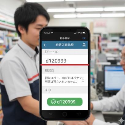 BulasシステムのログインIDで「d12」が全角文字や大文字で入力され認証エラーになっている様子を表現した、スマートフォン画面のクローズアップ。